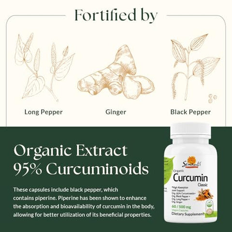 Extrato Orgânico de Curcumina 95%% com Pimenta-do-Reino, Pimenta Longa Indiana e Gengibre 60 Cápsulas Veganas - Sewanti