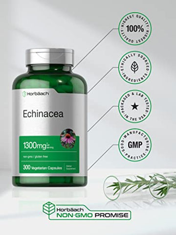 Cápsulas de Extrato de Equinácea 1300mg | 300 Unidades | Vegano, Não-OGM, Suplemento Livre de Glúten - Horbäach