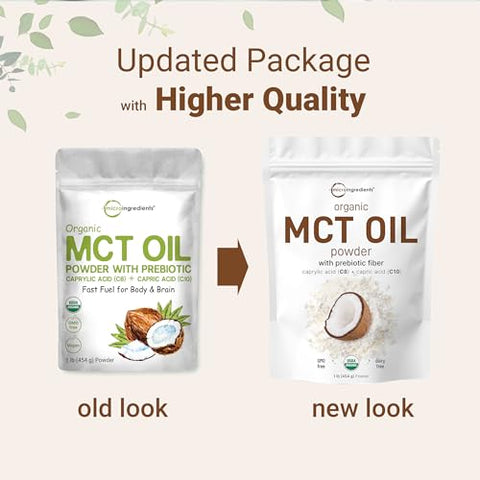 Micro Ingredients - Óleo de MCT Orgânico em Pó com Fibra Prebiótica, 454g, Energia Rápida para Corpo e Cérebro, Óleo de C8 MCT para Creme de Café, Sem GMOs, Dieta Keto, Vegano