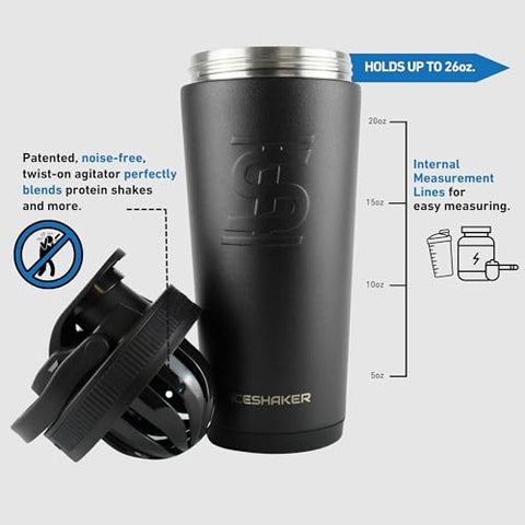 Garrafa Agitadora em Aço Inoxidável | 26oz, Preto | Mantém-se Gelado por 30 Horas | Copo Isolado com Agitador de Rosca | Copo Agitador sem Odor para Shakes de Proteína, Água - Ice Shaker