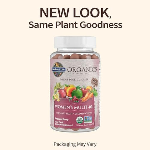 Organics Women 40 Gummy Vitamins – Berry – Certificado Orgânico, Não-OGM, Vegano, Kosher – Multi Completo – Metil B12, C - Garden of Life