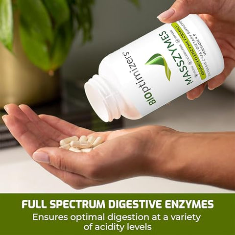 MassZymes – Enzimas Digestivas Completas para Saúde Intestinal – Alívio de Inchaço para Homens e Mulheres – Enzimas Digestivas de Lipase Amilase Bromelina (250 Cápsulas) - BiOptimizers