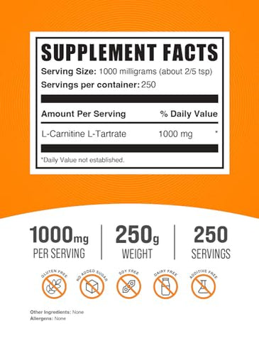 Suplemento L-Carnitina Tartrato em Pó 1000mg – BulkSupplements.com, Sabor Neutro