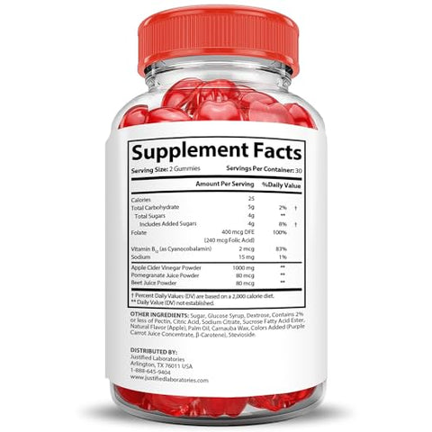 Justified Laboratories - (2 Pacotes) Gomas Ignite Keto ACV Avançadas 1000MG Fórmula de Gomas Ignite Keto de Vinagre de Maçã Formuladas com Suco de Romã em Pó B12 Vegano Não GMO 120 Gomas
