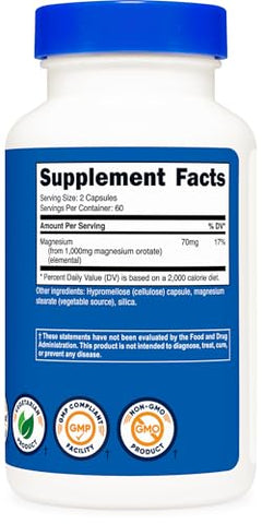 Cápsulas de Magnésio Orotate 1000mg, 120 Cápsulas – 60 Porções, 500mg Por Cápsula, Livre de Transgênicos, Sem Glúten - Nutricost