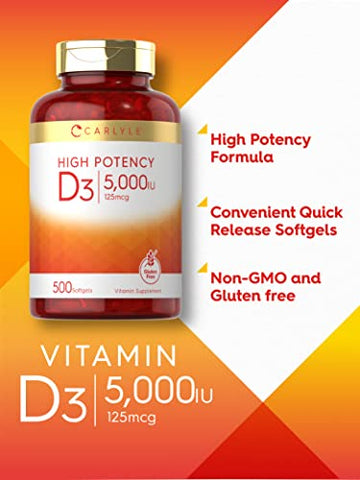 Vitamina D3 5000 UI Cápsulas Softgels | 500 Unidades | Tamanho Econômico | Suplemento Sem OGM e Glúten | Fórmula de Alta Potência | 125mcg - Carlyle