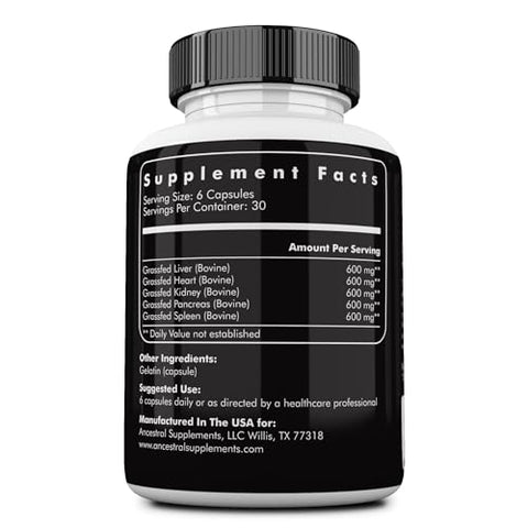 Suplemento de Órgãos de Gado Alimentado com Capim da Ancestral Supplements, Suporta o Bem-Estar do Corpo Inteiro com Mistura Exclusiva de Fígado, Coração, Rim, Pâncreas, Baço, Carne Bovina Liofilizada, Livre de Transgênicos, 100g