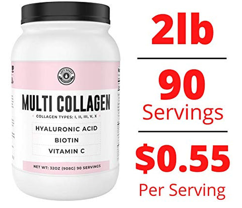 Left Coast Performance - Pó de Colágeno Multi com Biotina, Ácido Hialurônico, Vitamina C (Tamanho Econômico 2lb) | Suplemento de Colágeno Hidrolisado (Tipos I, II, III, V, X). Cabelo, Pele, Unhas para Mulheres, Homens
