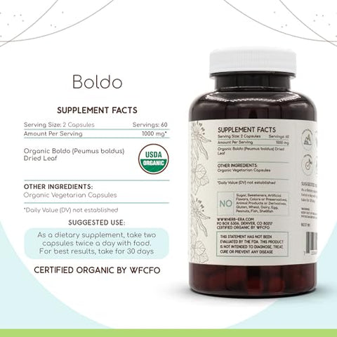 HerbEra - Boldo Orgânico USDA 120 Cápsulas | Suplemento Herbal Natural | Cápsulas Vegetarianas Certificadas Orgânicas e Folha Seca de Boldo Orgânico (Peumus boldus) (120 Cápsulas)
