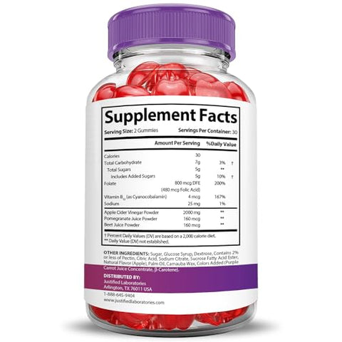 Justified Laboratories - Pure Slim Keto ACV Gummies Extreme 2000MG – Fórmula Avançada de Gomas PureSlim Keto com Vinagre de Maçã, Romã e Beterraba em Pó – B12 Vegano Não GMO 60 Gomas