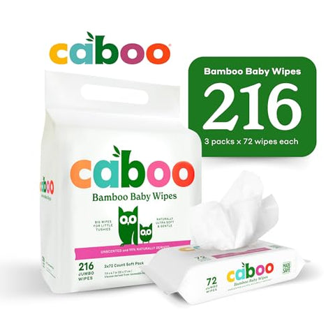 Lenços Umedecidos para Bebês, 216 Unidades, Sem Perfume, Eco-Friendly, Feitos com Viscose de Bambu, Livres de Produtos Químicos Agressivos, Fórmula para Pele Sensível à Base de Plantas, Certificados BRC, FSC, FDA e ISO - Caboo