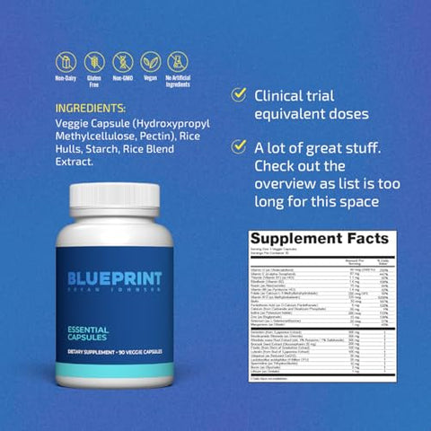Cápsulas Essenciais – Multivitamínico/Multimineral Diário para Mulheres e Homens – Suplemento Antioxidante com Cálcio, Vitamina B1, Vitamina D e Zinco – Vegano e - Blueprint Bryan Johnson