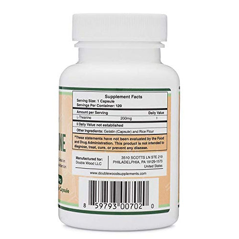 Double Wood Supplements - L-Theanine 200mg, 120 Cápsulas (Sem Soja, Sem Glúten, Não-OGM, Testado por Terceiros) Sinergia com Magnésio L-Treonato e Apigenina por Double Wood