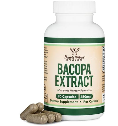 Double Wood Supplements - Bacopa Monnieri Cápsulas 20%% Bacosídeos 450mg, 90 Unidades (Sem OGM, Sem Glúten) Extrato de Brahmi (Suplemento para Memória, Concentração e Função Cognitiva) por Double Wood