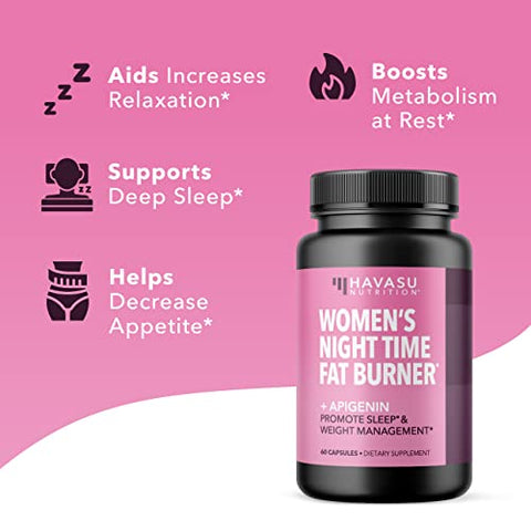 HAVASU NUTRITION - Queima de Gordura Noturna para Mulheres – Mistura de Suporte para Perda de Peso e Sono com Apigenina 50mg – Impulsionador de Metabolismo e Supressor de Apetite para Perda de Peso – Fornecimento de 4 Meses de Peso