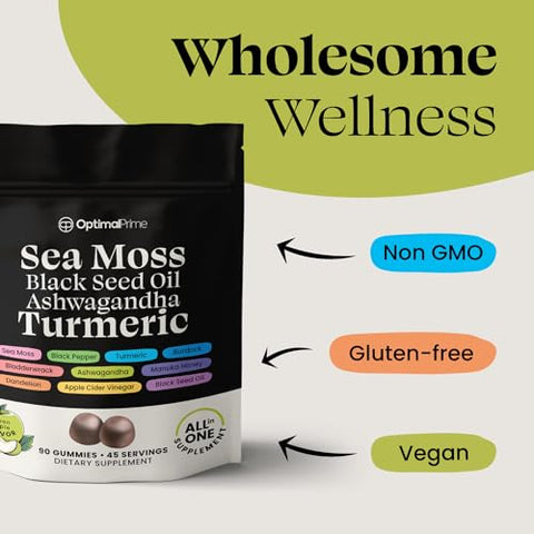 Gomas de Musgo do Mar, 3000mg de Musgo do Mar, 2000mg de Semente Preta, 1000mg de Ashwagandha, Cúrcuma, Mel Manuka, ACV, Dente-de-leão, Pimenta Preta, Bardana, Fucus, Vegano, 90 g - Optimal Prime