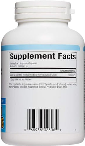 Acetyl L-Carnitine 500 mg – Melhora a Memória, Concentração e Função Cerebral – 120 cápsulas (60 porções) - Natural Factors