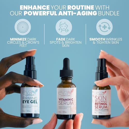 Facelift em um Frasco – Conjunto Anti-Envelhecimento 3 em 1 com Soro de Retinol, Soro de Vitamina C e Gel para os Olhos – Reduz Rugas, Clareia Manchas Escuras e Trata Olheiras - Eva Naturals