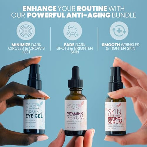 Facelift em um Frasco – Conjunto Anti-Envelhecimento 3 em 1 com Soro de Retinol, Soro de Vitamina C e Gel para os Olhos – Reduz Rugas, Clareia Manchas Escuras e Trata Olheiras - Eva Naturals