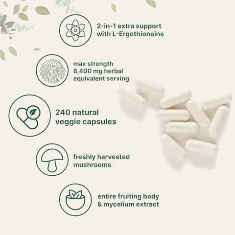 Micro Ingredients - Lions Mane 8,400 mg | 240 Cápsulas Vegetais com L-Ergotioneína | Antioxidantes de Cogumelo Superfood para Envelhecimento Saudável