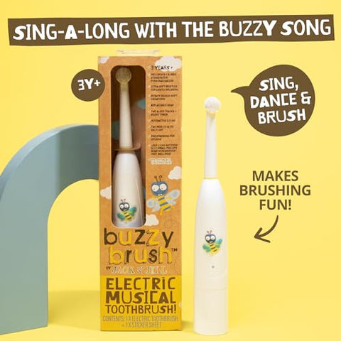 JACK N' JILL ................. SINCE 1949 - Escova de Dentes Elétrica Musical Jack N’ Jill Kids Buzzy Brush – Idade 3 e Acima, Escova de Dentes Elétrica Infantil, LED Tricolor, Resistente à Água, Segura para Crianças, Bateria
