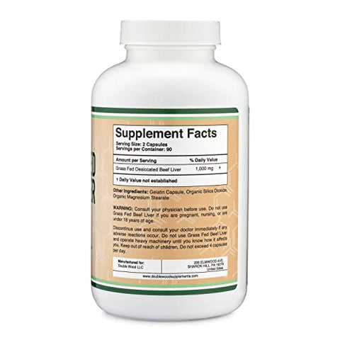 Double Wood Supplements - Cápsulas de Fígado Bovino (1.000mg de Fígado Bovino Desidratado de Pasto por Porção, 180 Cápsulas, Suprimento de 3 Meses) – Digestão, Saúde Imunológica, Energia