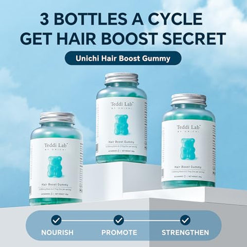 Hair Boost Gummy 3-Pack: Fórmula com 5200mcg de Biotina, Zinco, Ácido Pantotênico e Vitaminas A, C, E para Cabelos Mais Fortes e Mais Espessos, Sabor Delicioso com Sal Marinho - Unichi