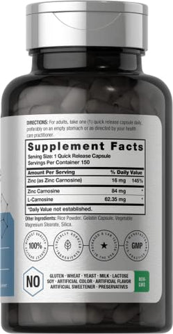 Suplemento de Zinco Carnosina | 84mg por Cápsula | 150 Unidades | Não-OGM - Horbäach