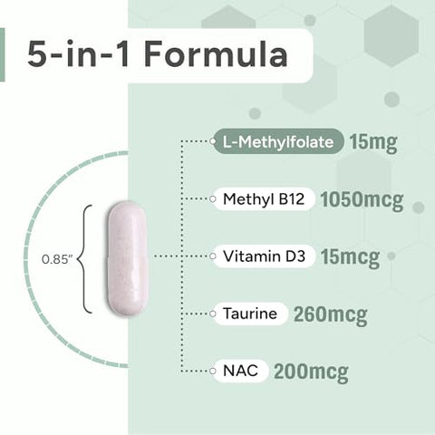 Natural Approach - L-Methylfolate 15mg + Methyl B12, D3, Taurina | Fórmula Avançada para Saúde | Marca: L-Methylfolate