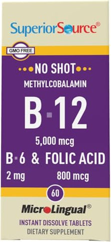 Vitamina B12 Methylcobalamin (5000 mcg), B6, Ácido Fólico, Comprimidos Sublinguais de Dissolução Rápida, 60 un, Aumenta Energia, Coração Saudável, Estimula Metabolismo - Superior Source