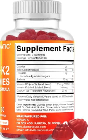 Gomas de Vitamina D3 K2 – 60 Unidades – Suporte para Ossos e Coração Saudáveis - Vitamatic