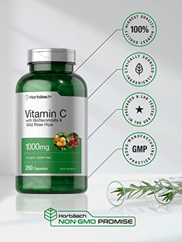 Vitamina C 1000mg | 250 Cápsulas | com Bioflavonoides e Rose HIPS | Suplemento Sem GMO, Sem Glúten | Fórmula de Alta Potência - Horbäach