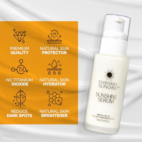 EveryRay Suncare - Sunshine Serum – Serum Mineral Enriquecido com Protetor Solar – 50 ml – FPS 50 com squalane hidratante e Vitamina C – Para Todos os Tipos de Pele e Tons de Pele