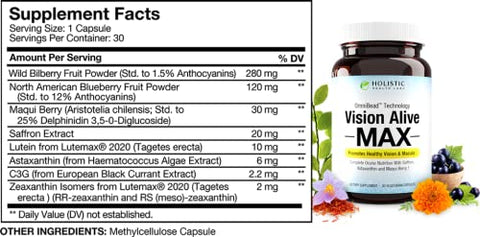 Holistic Health Labs - Visão Viva Max com 8 Ingredientes Naturais Lutemax® 2020, Mirtilos, Mirtilos Azuis, c3g de Groselha Negra, Maqui Berry, Açafrão e Astaxantina (30 Unidades)