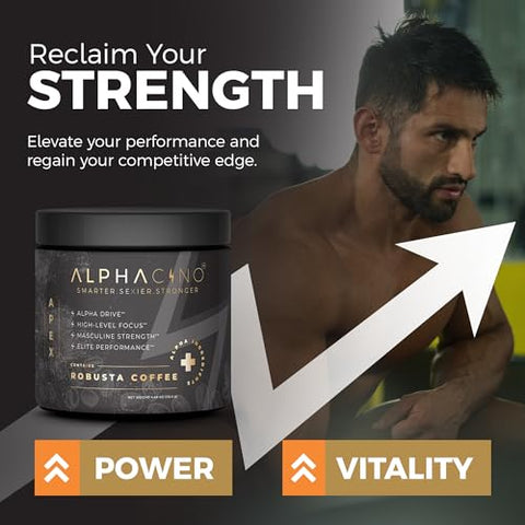 Apex – Pó de Café Instantâneo para Homens Robustos e Vigorosos – Crescimento Muscular, Foco Afiado, Resistência Aumentada – Ashwagandha KSM-66, Cogumelo do Leão, Extrato de Maca Negra – 100g - Alphacino