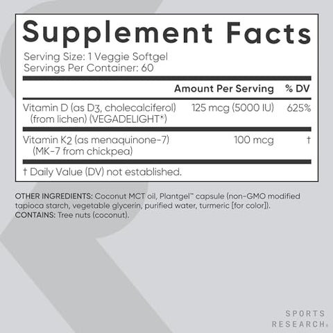 Sports Research - Vitamina D3 K2 com Óleo de Coco | Vitamina K2 MK7 Vegana D3 5000iu | Certificado Vegano, Sem Soja |