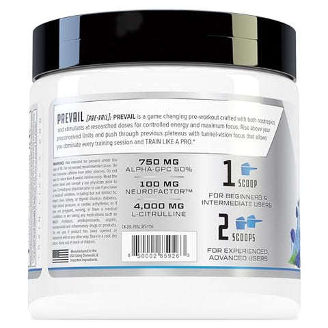 Cutler Nutrition - Prevail Pré-Treino em Pó com Nootrópicos: Melhor Pré-Treino para Homens e Mulheres, Suplemento Energético e de Foco de Ponta com L Citrulina, Alpha GPC, L Tirosina | Azul Azedo | 300g
