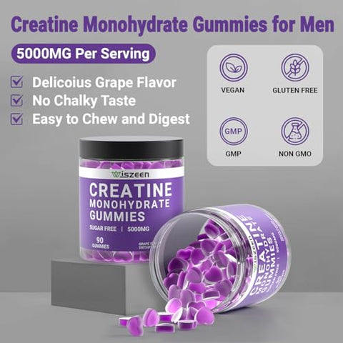 Wiszeen - Gomas de Creatina Monohidratada 5000mg para Homens e Mulheres, Gomas de Creatina Monohidratada Sem Açúcar com L-Taurina, Betaína Anidra, Alpha GPC, Vitamina B12
