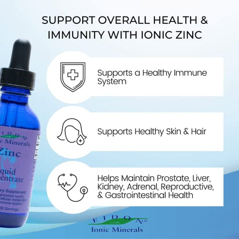 Concentrado Líquido de Zinco Iônico para Adultos e Crianças, Fortalece o Sistema Imunológico, Cabelo e Pele, Saúde do Fígado e dos Rins, Alivia o Estresse – 30ml - Eidon Ionic Minerals