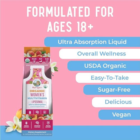 Multivitamínico Orgânico USDA para Mulheres, Sem Açúcar, Vitaminas Líquidas para Mulheres, Suplemento de Suporte Imunológico, Ashwagandha, Metilfolato, Vegano, 60ml - MaryRuth Organics