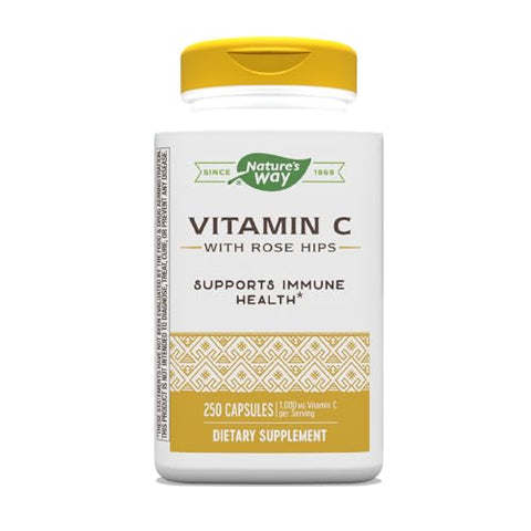 Nature's Way - Vitamina C Nature’s Way com Rose Hips – Proteção Antioxidante Poderosa – Suporte à Função Imunológica – Fortalece o Colágeno para uma Pele Saudável – Livre de Glúten – 250 Cápsulas