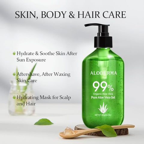 Gel de Aloe Vera Orgânico 99% – Frasco com Bomba – Gel Leve para Rosto e Corpo, Alívio Calmante e Hidratante para Queimaduras Solares, Ótimo para o Couro Cabeludo - Aloderma