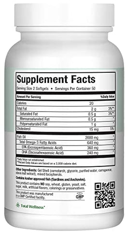 Maxi Health - Óleo de Peixe Ômega 3 – Triplo Forte 2000 mg Suplemento de Óleo de Peixe Kosher – Ômega 3 sem Gosto de Peixe – Suplemento de Ômega 3 sem Arroto – Suplemento de Ácido Graxo Ômega 3 sem Gosto de Peixe com EPA e