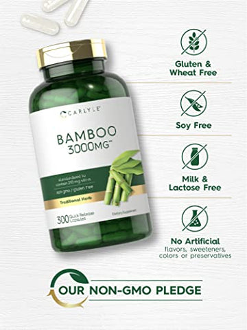 Extrato de Bambu Cápsulas | 3000mg | 300 Unidades | 210mg Sílica | Suplemento Sem OGM, Sem Glúten - Carlyle