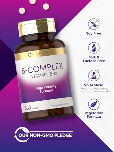 B-Complex Vitamina com B12 | 300 Comprimidos | Fórmula de Alta Potência | Suplemento Vegetariano e Não-OGM - Carlyle