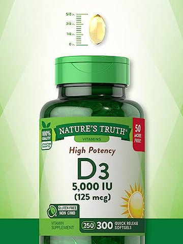 Nature's Truth - Nature’s Truth Vitamina D3 5000 UI (125 mcg) | 300 Softgels | Alta Potência | Livre de OGM e Glúten | Marca Nature’s Truth