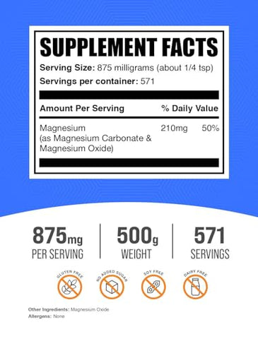 com Pó de Carbonato de Magnésio – Grau Alimentício, Livre de Glúten, 875mg por Porção, 500g (1.1 lbs) (Embalagem de 1) - BulkSupplements