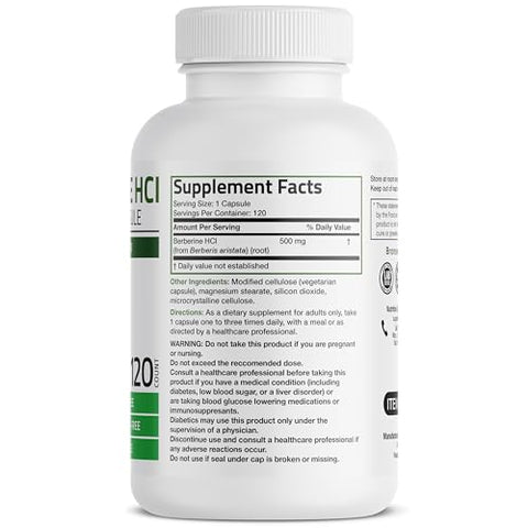 Berberine HCI 500 MG – 120 Cápsulas Vegetarianas de Berberis Aristata – Não-OGM - Bronson
