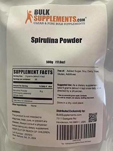 com Spirulina Orgânica em Pó – Superfood Verde, Vegano, 3000mg por Porção, 500g (1.1 lbs) (Pacote de 1) - BulkSupplements