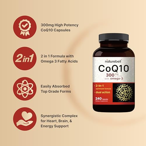 NatureBell - CoQ10 (Ubiquinona) 300mg com Ácidos Graxos Ômega 3, 240 Cápsulas | Fórmula Estável de Alta Absorção – Suporte Antioxidante para o Coração